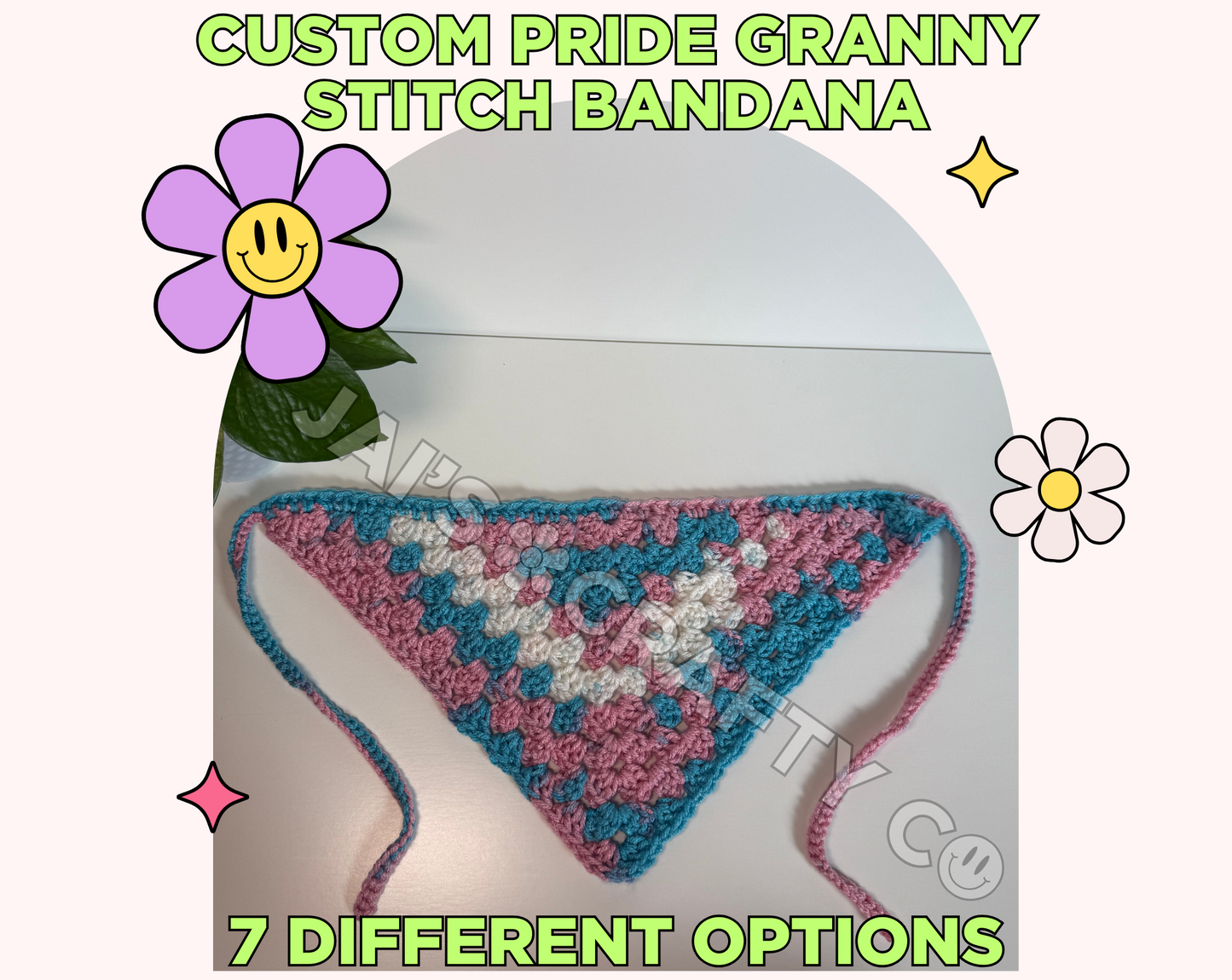 Green text frames the photo reading "Custom Pride Granny Stitch Bandana, 7 different options." Centered is a handmade crochet bandana on a plain white background. The bandana features speckles of pastel pink, white and pastel blue, resembling a transgender pride flag. To the left of the bandana is a glass with houseplant cuttings. There are also retro Y2K inspired sparkles and smiley face flowers framing the photo giving a cutesy vibe.